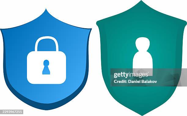 digital security and user privacy protection shields - cyber security awareness month stock illustrations
