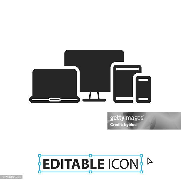 desktop computer, laptop, tablet pc and smartphone - editable icon on white background - computer with blank screen stock illustrations