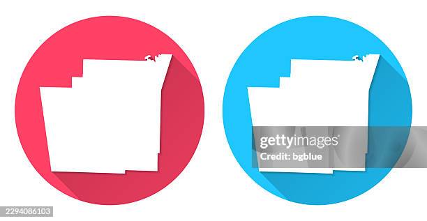 washington county, arkansas map. round icon with long shadow on red or blue background - rhode island red stock illustrations