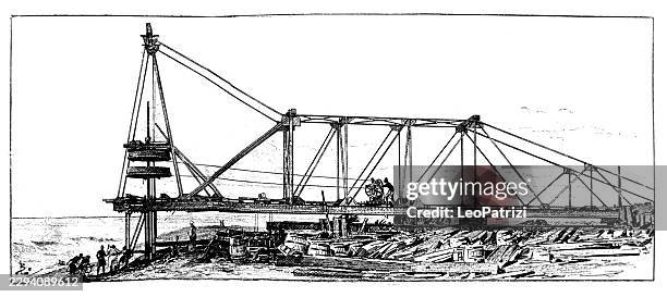 pile-driving apparatus for wharf construction - property development uk stock illustrations