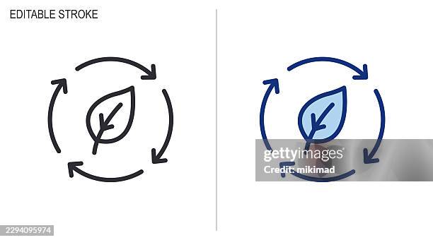 recycling and sustainability icon set – editable stroke vector showing leaf with circular arrows representing ecology, renewable processes and environmental responsibility concepts - biodegradable stock illustrations