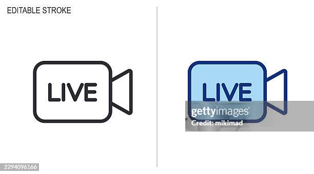 live streaming icon set – editable stroke vector showing video camera with “live” text representing broadcasting, online communication and digital media concepts - live stream icon stock illustrations