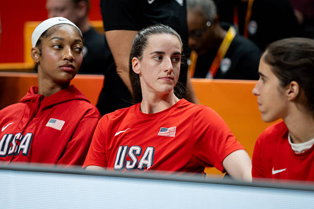 Caitlin Clark and Angel Reese sit on the bench during the FIBA Women's Basketball World Cup 2026 quarter-finals match between the United States and...