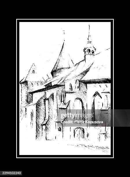 architectural landscape with a castle. hand-drawn architectural vector graphics. - architectural model white background stock illustrations