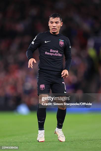 Umarali Rakhmonaliev of Sabah in action during the UEFA Champions League 2026/27 League Phase MD1 match between Manchester United and Sabah FC at Old...