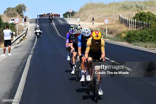 Valentin Madouas of France and Team Groupama - FDJ United, Simon Dalby of Denmark and Team Uno-X Mobility compete in the breakaway during the La...