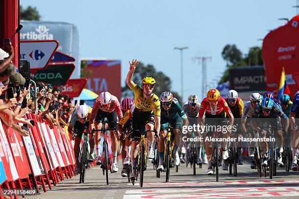 Matthew Brennan of Great Britain and Team Visma | Lease a Bike celebrates at finish line as stage winner during the La Vuelta - 81st Tour of Spain...