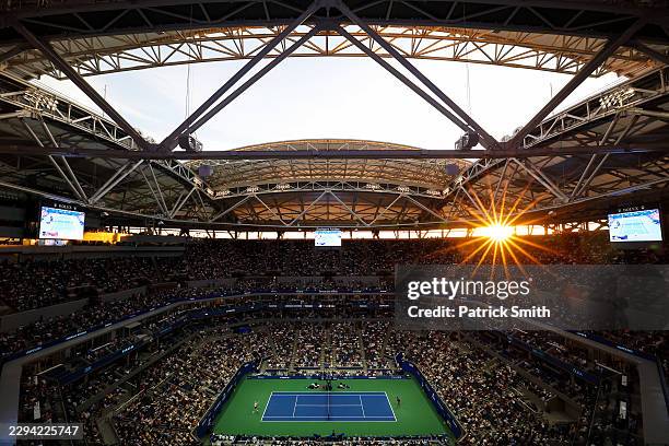 General view inside Arthur Ashe Stadium during the Men's Singles Quarterfinal match between Frances Tiafoe of the United States and Alex Michelsen of...