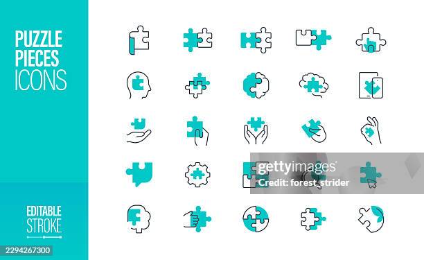 puzzle pieces line icons editable stroke - integrated solutions stock illustrations