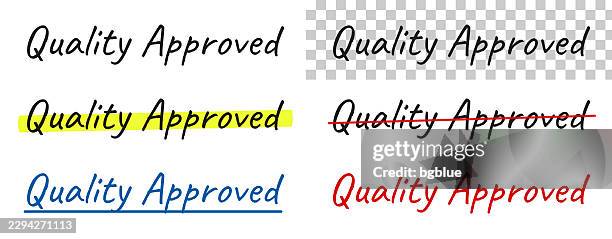 quality approved - handwritten text, highlighted, crossed out, underlined on blank background - vision and value proposition stock illustrations