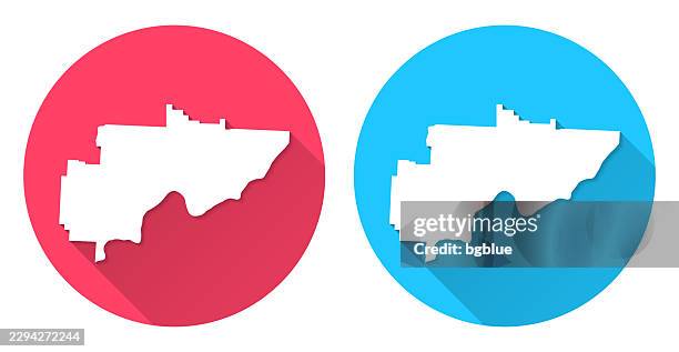 washington county, ohio map. round icon with long shadow on red or blue background - rhode island red stock illustrations