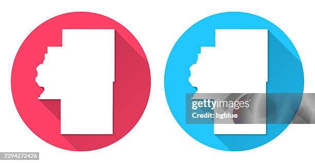 cherokee county, oklahoma map. round icon with long shadow on red or blue background - tribal border stock illustrations