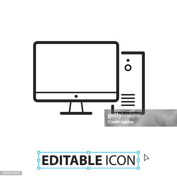 desktop computer - line editable icon on white background - computer blank screen stock illustrations