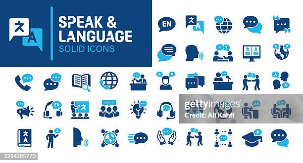 speak and language glyph solid icons. containing speech, speaking, chat solid icons collection. vector illustration. perfect pixel on clean white background - reading email stock illustrations