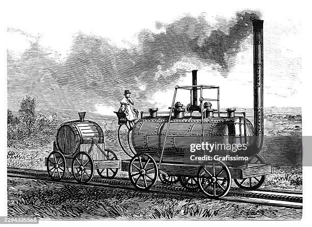 the world's first commercially successful steam locomotive built in 1812 - train engineer stock illustrations