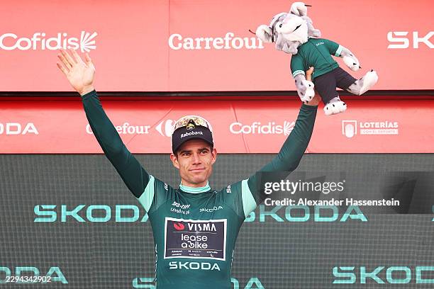 Wout Van Aert of Belgium and Team Visma | Lease a Bike celebrates at podium as Green Points Jersey winner during the La Vuelta - 81st Tour of Spain...