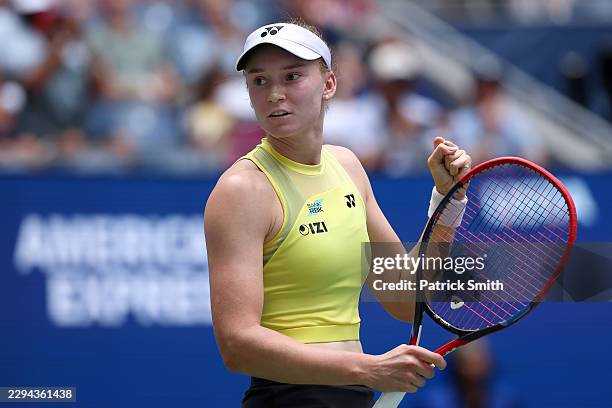 Elena Rybakina of Kazakhstan reacts against Qinwen Zheng of China during their Women's Singles Quarterfinal match on Day Eleven of the 2026 US Open...