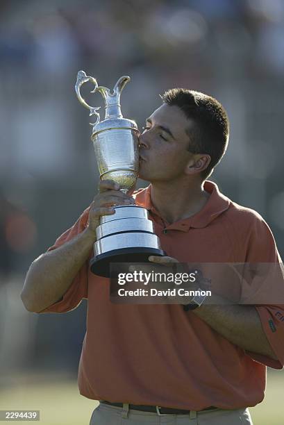 Ben Curtis of the USA kisses the trophy after victory in the Open Championship at the Royal St. George's course on July 20, 2003 in Sandwich, England.