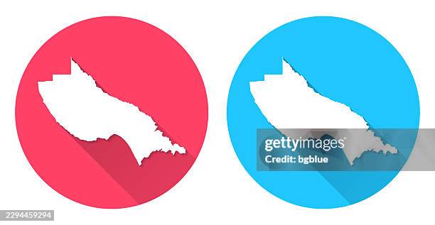santa cruz county, california map. round icon with long shadow on red or blue background - santa cruz california stock illustrations