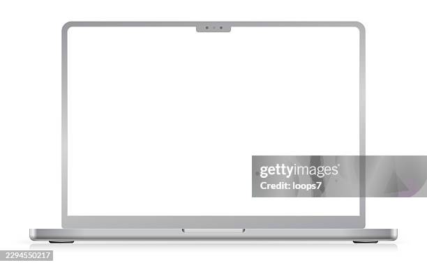 silver laptop mockup with blank white screen - using computer blank screen stock illustrations