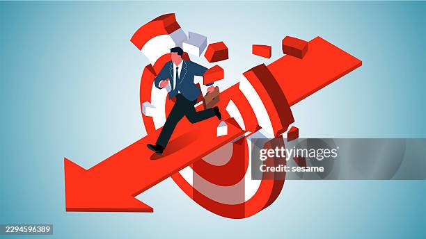 break barriers, complete tasks, break new ground, challenge or improve. isometric view white-collar businessman follows the arrow through the bull 's-eye forward - breaking point stock illustrations