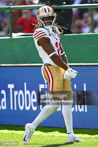 Demarcus Robinson of the San Francisco 49ers celebrates after scoring a touchdown in the second quarter of the NFL football game against the Los...