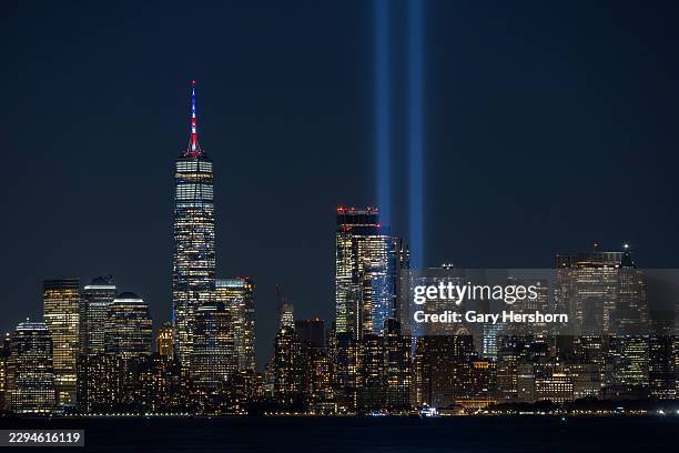 The Tribute in Light is illuminated over lower Manhattan and One World Trade Center in New York City a day ahead of the 25th anniversary of the...