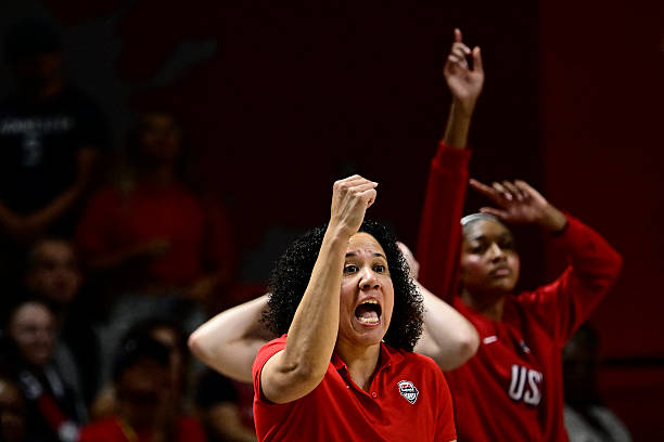 S head coach Kara Lawson gestures during the 2026 FIBA Women's Basketball World Cup final game between the United States and France in Berlin on...