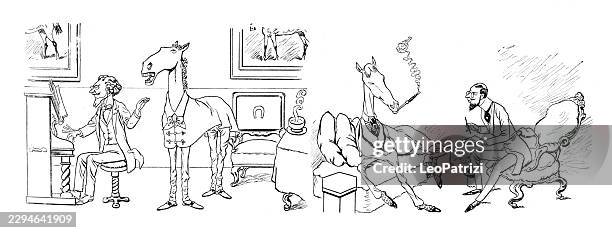 anthropomorphic horse figures in an elegant interior - piano quartet stock illustrations
