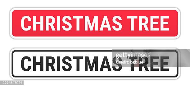 christmas tree - red and black labels on white background - tree shadow white stock illustrations