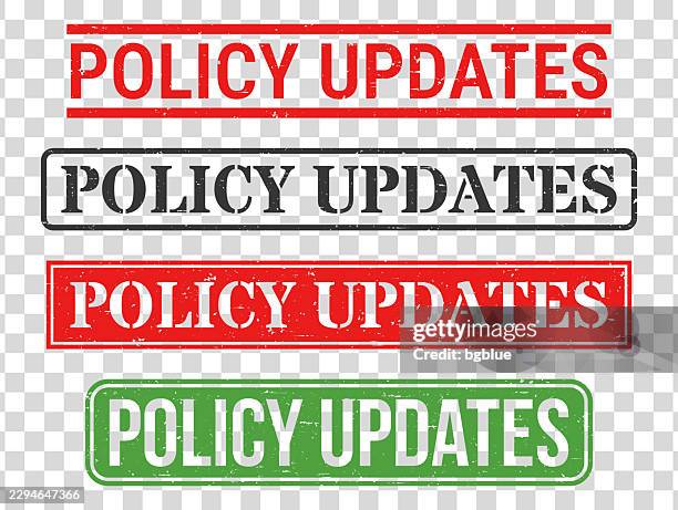 policy updates - rubber stamp set on blank background - regulatory update stock illustrations