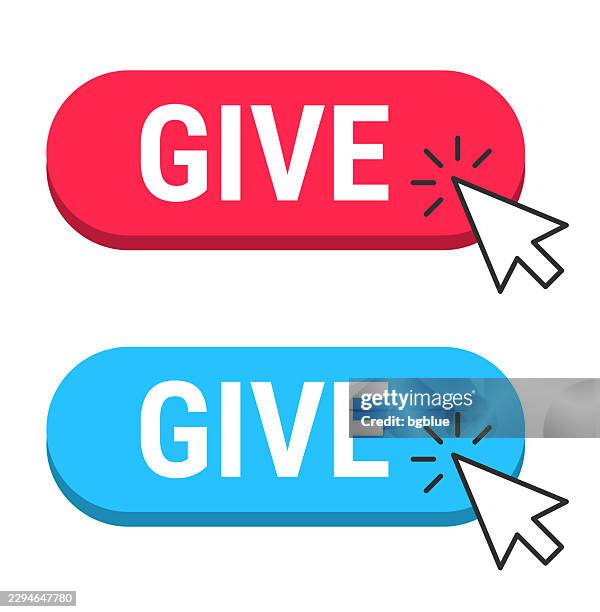 give - red and blue buttons with cursor on white background - donate button icon stock illustrations