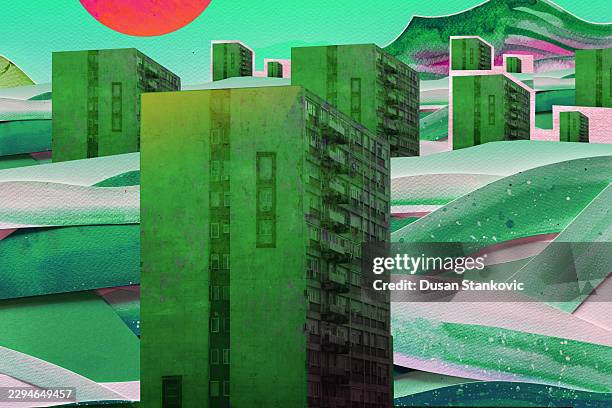green brutalist architecture in abstract landscape collage - architecture pattern sky stock illustrations
