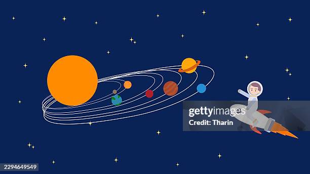 spaceship traveling through outer space with stars, the sun, saturn, and other planets. - digital native stock illustrations