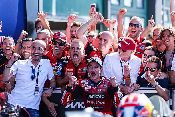 Marc Marquez of Spain and Ducati Lenovo Team celebrates the victory with his team during Parc Ferme of MotoGP GP14 Red Bull Grand Prix of San Marino...
