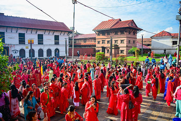 Hindu women devotees gather to celebrate the Teej festival at Pashupatinath Temple in Kathmandu, Nepal, on September 14, 2026. Teej, also known as...