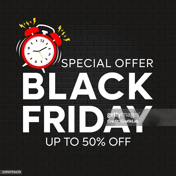 black friday design with alarm clock on black brick wall - black friday rush stock illustrations