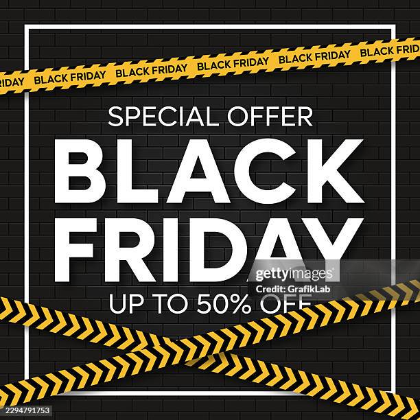 black friday discount poster with warning tapes on black brick wall - brick wall shadow stock illustrations