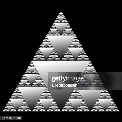 Black background with a large grayscale triangular fractal pattern made of repeating nested triangles and smooth gradient shading. Black background with a large grayscale triangular fractal pattern made of repeating nested triangles and smooth gradient shading.