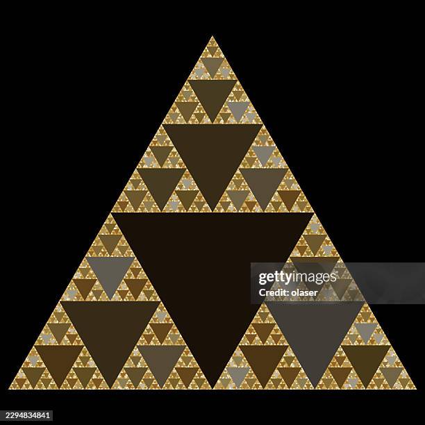 a geometric triangular pattern with repeating nested triangles in gold, brown, and gray on a black background. - golden ratio stock illustrations