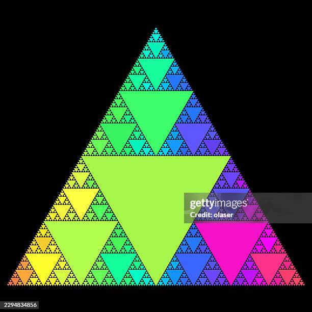 a colorful fractal triangle made of repeating nested triangles on a black background, with a vivid rainbow gradient and sharp geometric symmetry. - fibonacci stock illustrations