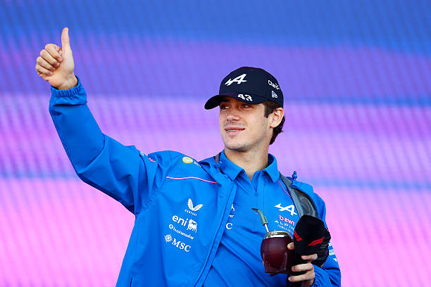 Franco Colapinto of Argentina and Alpine F1 talks to the crowd on the fan stage prior to final practice ahead of the F1 Grand Prix of Spain at...
