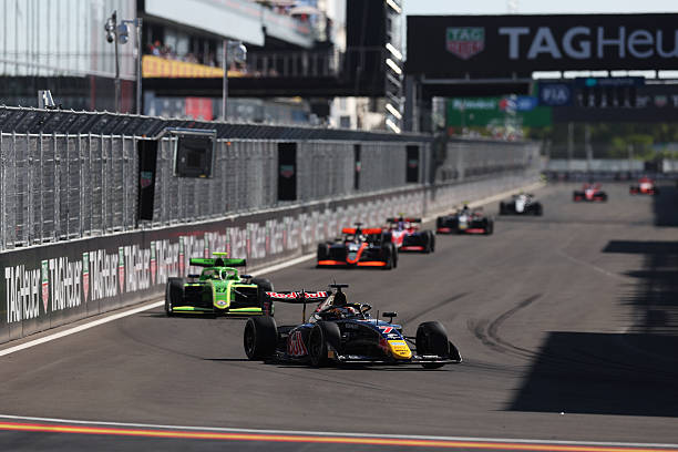 Mattia Colnaghi of Argentina and MP Motorsport leads Yevan David of Sri Lanka and AIX Racing on track during the Round 9 Madrid Sprint race of the...
