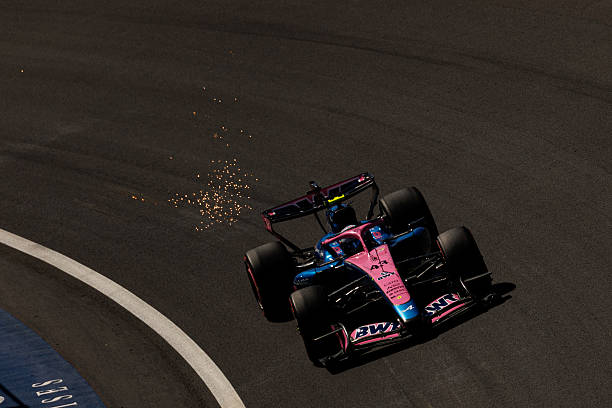 Franco Colapinto of Argentina driving the Alpine A526 on track leaves behind a trail of sparks during final practice ahead of the F1 Grand Prix of...