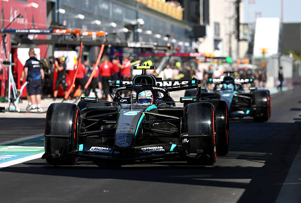 Andrea Kimi Antonelli of Italy driving the Mercedes AMG Petronas F1 Team W17 leads George Russell of Great Britain driving the Mercedes AMG Petronas...