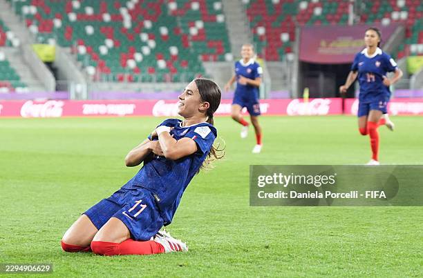 Justine Rouquet of France celebrates scoring her team’s second goal during the FIFA U-20 Women's World Cup group stage match between Ghana and France...