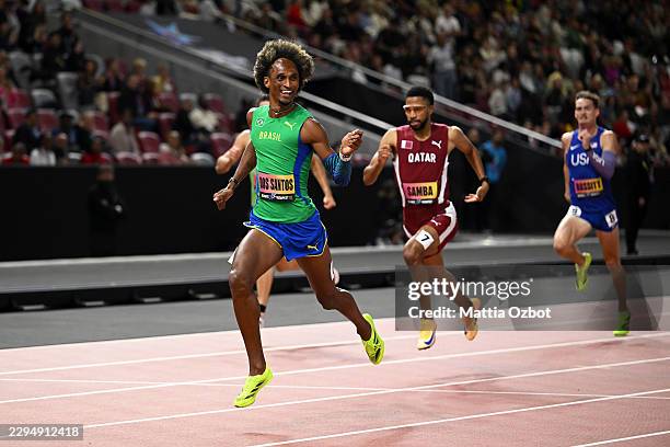 Alison Dos Santos of Team Brazil reacts as he crosses the finish line in the Men's 400 Metres Hurdles Semi-Finals during Day 2 of the World Athletics...