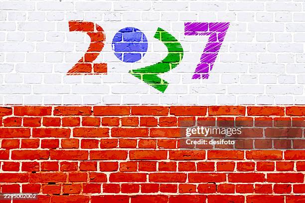 creative comic or fun divided partitioned bordered horizontal vector 2027 new year backgrounds poster banner with multi colored text in vibrant colourful stroking pattern over textured brick wall white backdrop with red bottom edge broad thick border - wall cross section stock illustrations