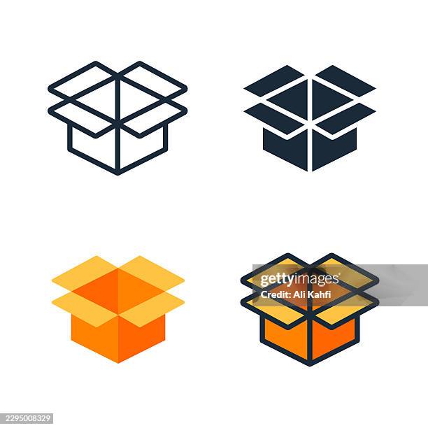 open box line, solid, glyph and flat colors icon. editable stroke and perfect pixel. for web and mobile use, isolated on a white background. - empty box stock illustrations