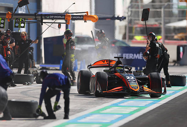 Nico Varrone of Argentina and Van Amersfoort Racing makes a pitstop during the Round 11 Madrid Feature race of the Formula 2 Championship at Madring...